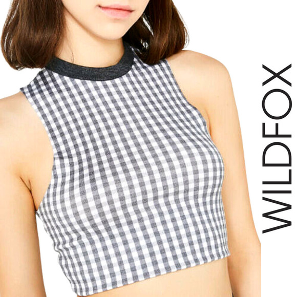 Wildfox Gray White Gingham Cropped Fountain Top Slim Fit Sleeveless Tank NWT - Picture 1 of 8
